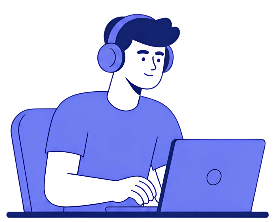 A stylized IT developer wearing headphones sits at a desk with a glowing laptop. The character displays a focused expression while engaged in work, with a predominantly blue palette accentuated by a t