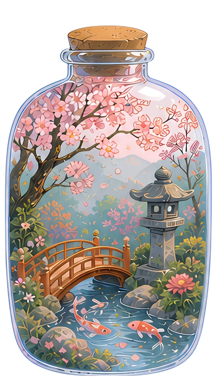 A glass bottle showcases a serene Japanese garden scene, featuring a wooden bridge, a stone lantern, and cherry blossoms. Colorful koi fish swim in the tranquil water surrounded by lush greenery and a