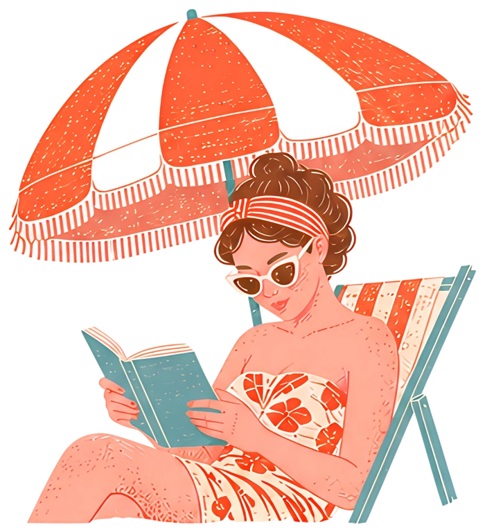 A retro-styled woman with a floral swimsuit and vintage sunglasses relaxes under a striped beach umbrella while reading a blue book. Her relaxed pose and playful accessories create a cheerful summer-v