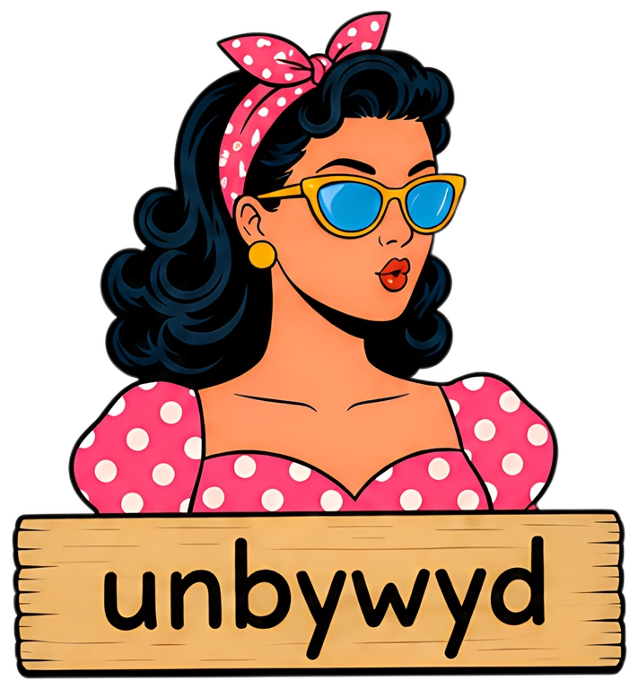 A stylish woman with dark, curly hair and sunglasses confidently presents a wooden sign reading 'unbywyd,' which disrupts the lower part of the image. She wears a vibrant pink polka-dot dress and a da