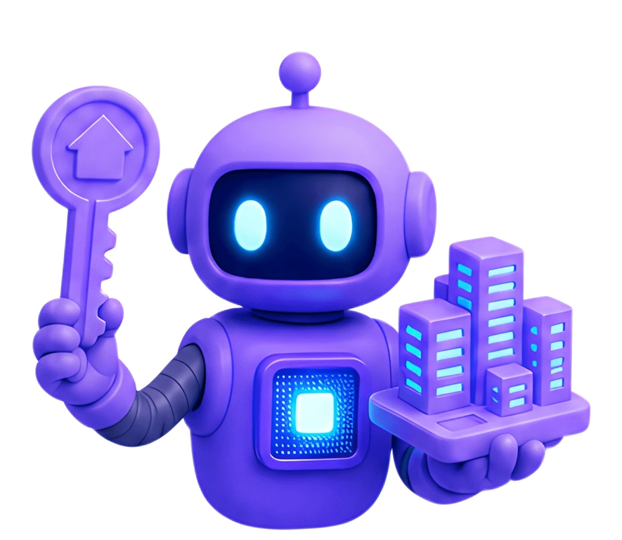 A stylized 3D purple robot with glowing blue eyes, holding a key in one hand and a model of buildings in the other. The key has an upward arrow, while the building model features detailed windows and