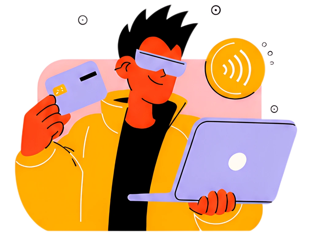 A stylish character holds a credit card in one hand and a laptop in the other while striking a confident pose. The scene features a floating digital coin and a soft color palette, dominated by bright,