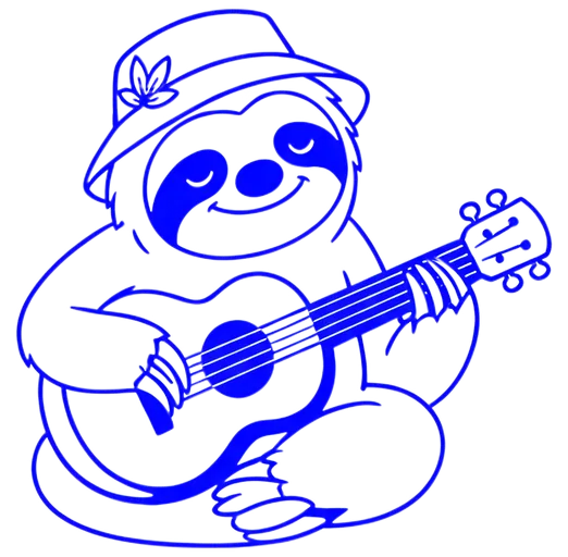 A cheerful sloth wearing a hat strums a guitar while smiling. The illustration features bold blue lines against a black background, highlighting the sloth's joyful expression and relaxed pose.