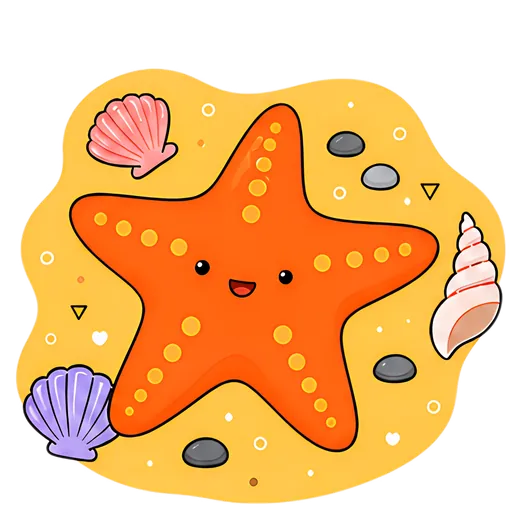 A cheerful orange starfish with a smiling face rests on yellow sand surrounded by various seashells and small stones. The color palette is bright and playful, invoking a sunny beach atmosphere.