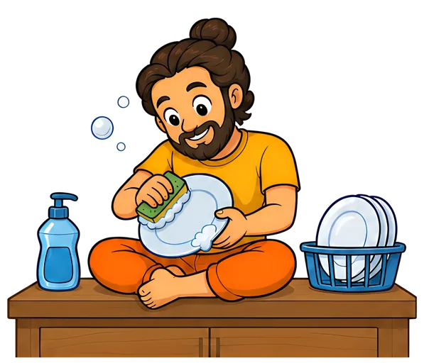 A joyful yoga teacher with long hair in a bun sits cross-legged on a kitchen counter, scrubbing a plate with a sponge. He wears a bright orange outfit and smiles while surrounded by dish soap and a c篮