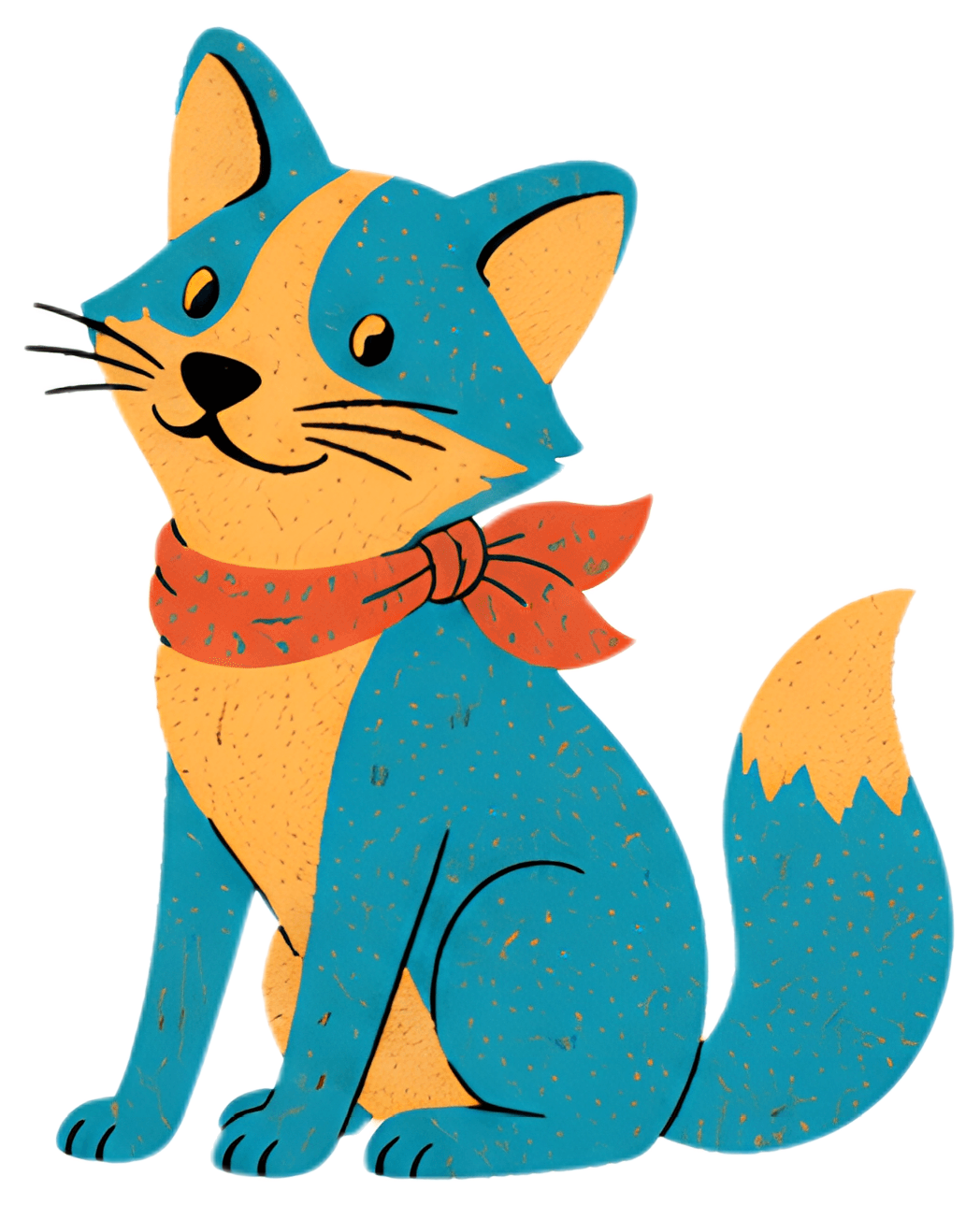 A cheerful blue fox with a friendly smile sits upright, wearing a bright red scarf around its neck. The fox has orange accents on its ears, chest, and tail, giving it a playful and whimsical look with
