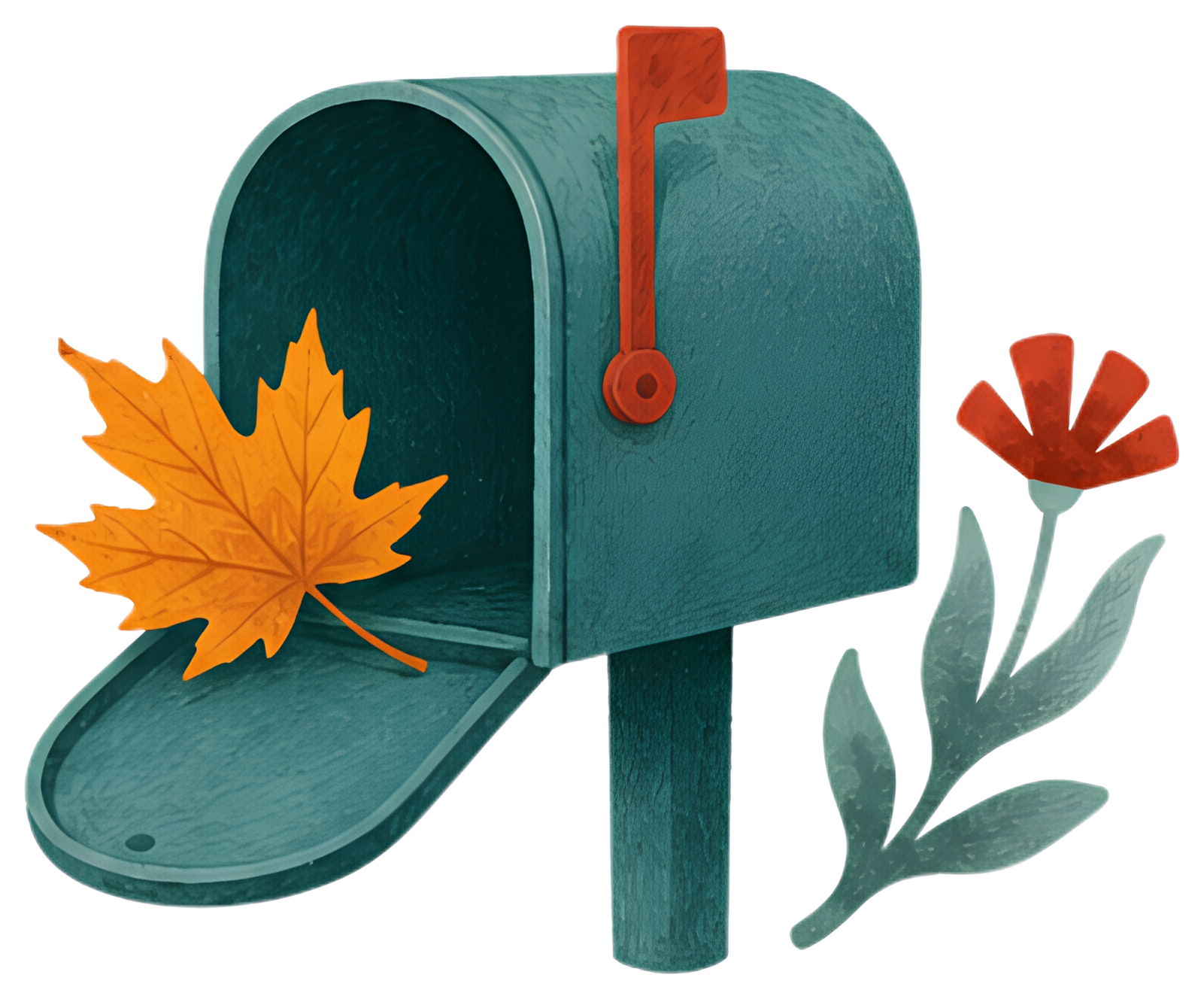 An empty mailbox sits open, revealing no messages inside. A bright orange dried maple leaf protrudes from the opening, while a red flower with green leaves stands beside it, adding a touch of color to
