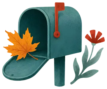 An empty mailbox sits open, revealing no messages inside. A bright orange dried maple leaf protrudes from the opening, while a red flower with green leaves stands beside it, adding a touch of color to