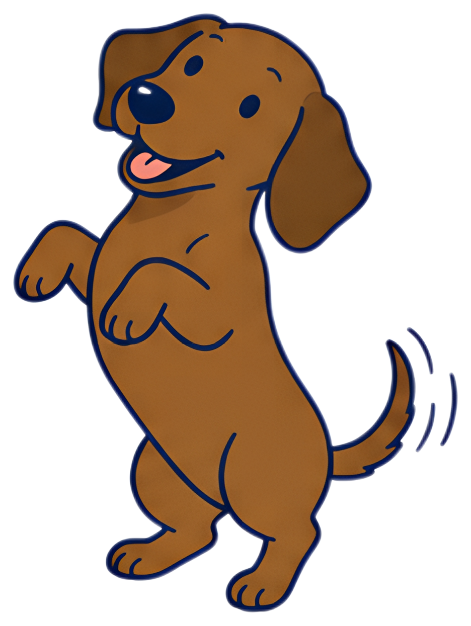 A cheerful brown dachshund stands on its hind legs, wagging its tail and tilting its head playfully. Its tongue is out, and the overall style is cartoonish and lively with bold outlines.