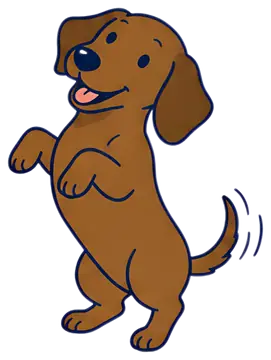 A cheerful brown dachshund stands on its hind legs, wagging its tail and tilting its head playfully. Its tongue is out, and the overall style is cartoonish and lively with bold outlines.