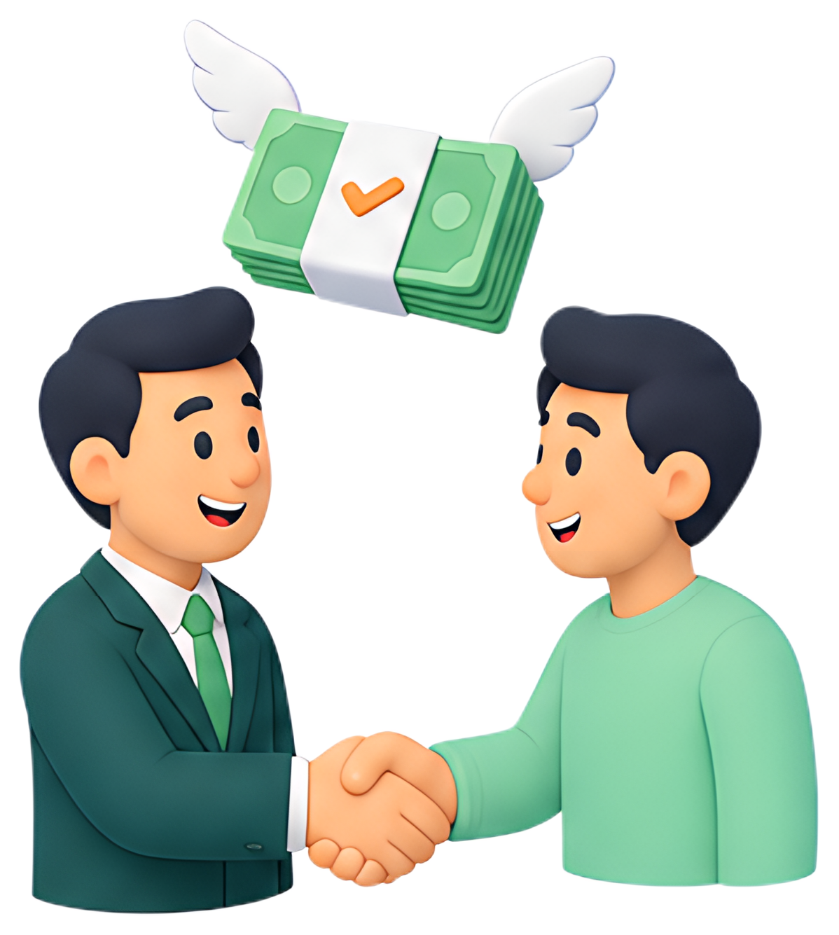 Two cartoonish businessmen shake hands, one dressed in a dark suit with a green tie and the other in a light green shirt. Above them, a stack of money with wings symbolizes success and prosperity, as 