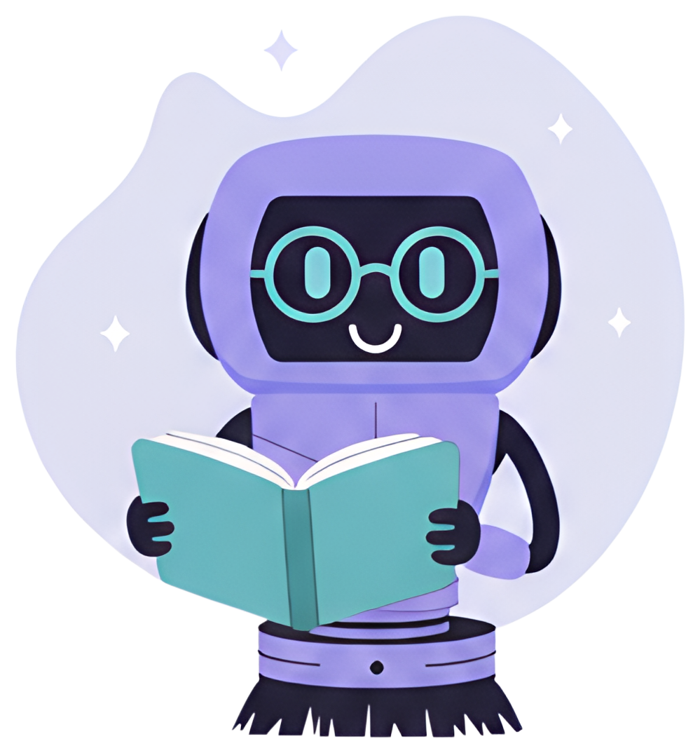A friendly robot with a purple design, wearing round glasses, holds an open book. The background features soft shapes and sparkling accents, enhancing the cheerful ambiance.