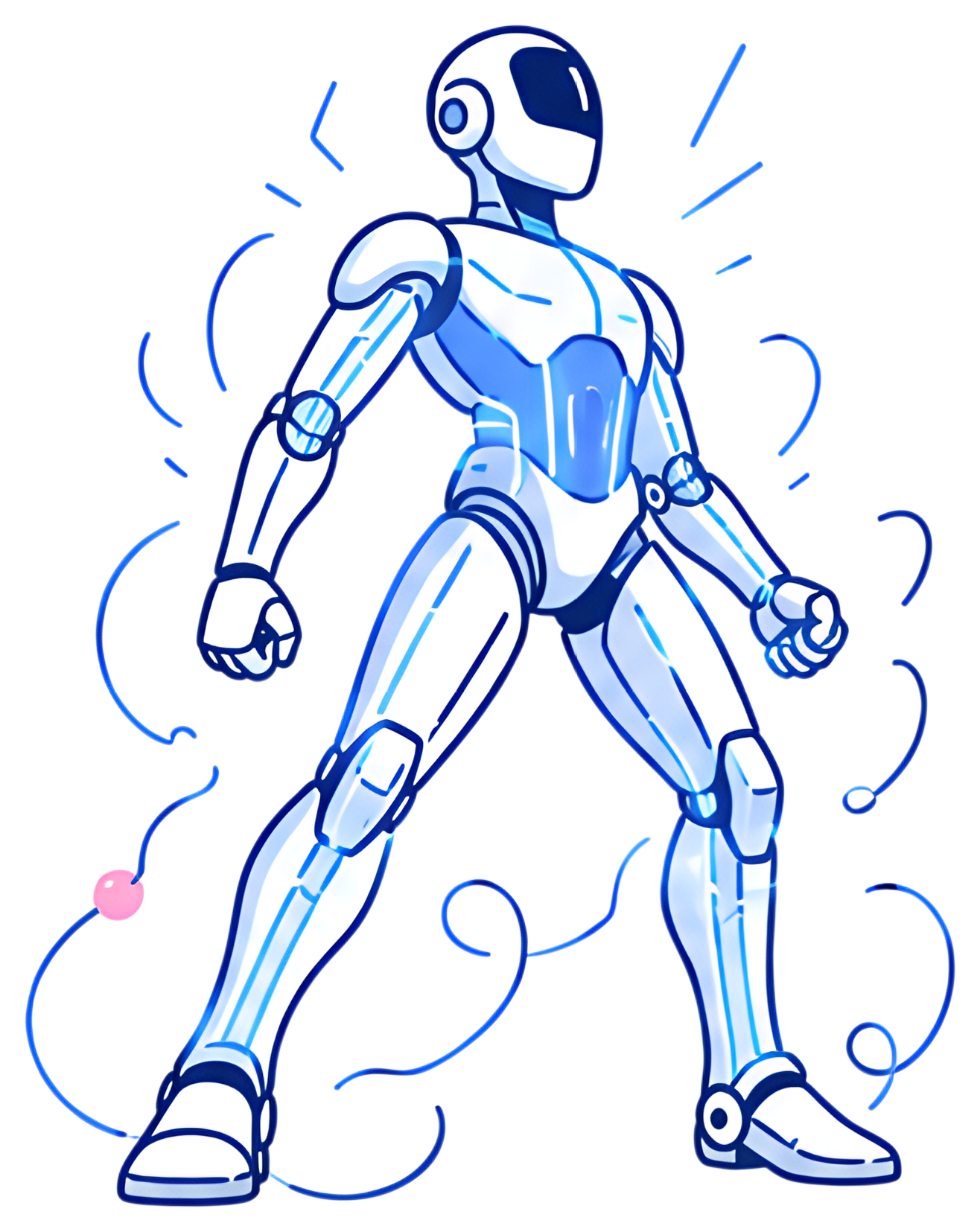 A dynamic humanoid robot stands confidently, showcasing a sleek metallic body adorned with luminous blue energy lines. The figure strikes a powerful pose, with flowing blue accents and a hint of pink,