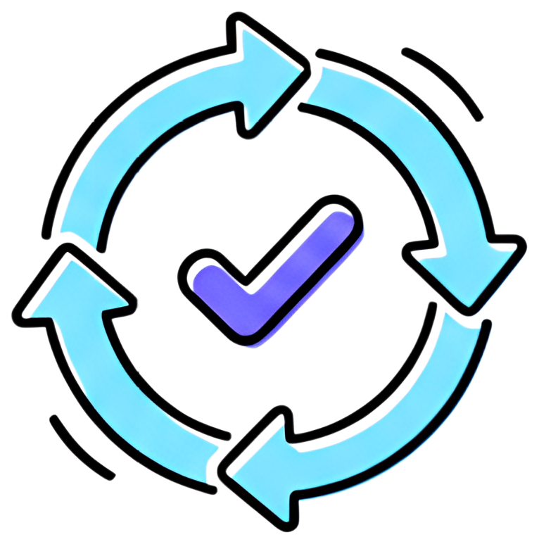A circular arrangement of light blue arrows surrounding a purple checkmark, symbolizing a completed process. The design has a modern and clean aesthetic, with a slight shadow effect on the arrows.