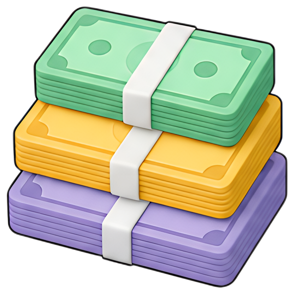 A stacked arrangement of banknotes in green, yellow, and purple, neatly bound with a white strap. Each stack represents different denominations, showcasing a playful and vibrant design.