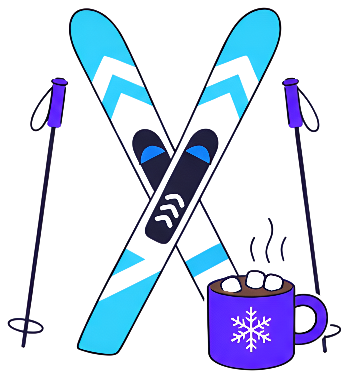 A vibrant illustration of a pair of crossed skis featuring blue accents, with a purple mug of hot cocoa positioned nearby. The mug is adorned with a snowflake design and topped with fluffy marshmallos