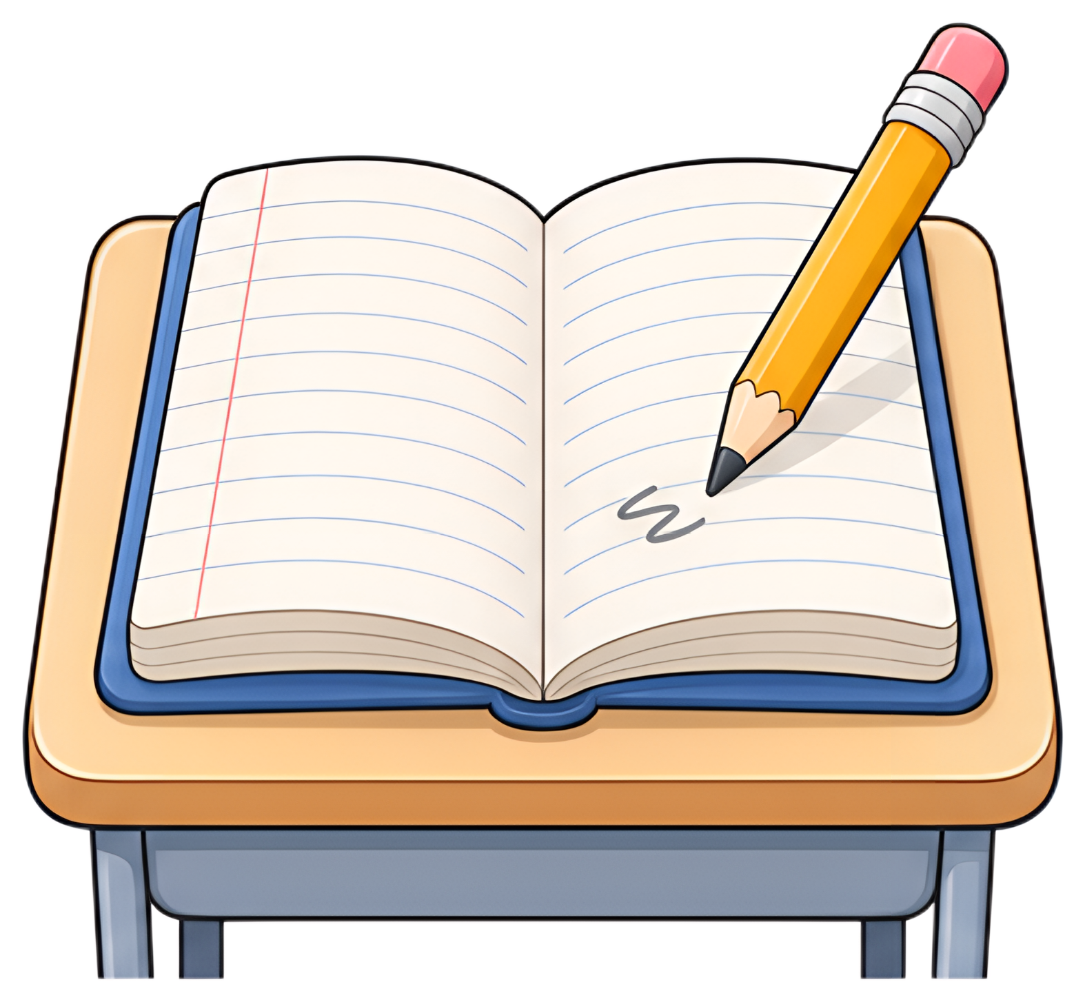 An open, empty notebook rests on a wooden desk, featuring blue-lined pages and a red margin. A yellow pencil with an eraser is positioned thoughtfully on the pages, hinting at a moment of inspiration.