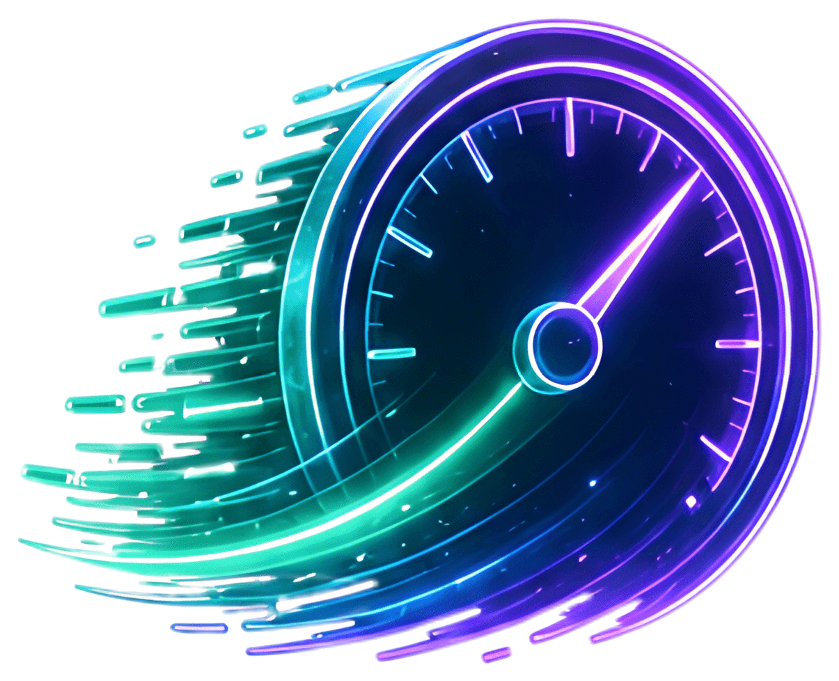 A stylized speedometer with a glowing needle and vibrant neon trails suggesting movement and speed. The design features a dark background with teal and purple hues, complemented by bright accents that