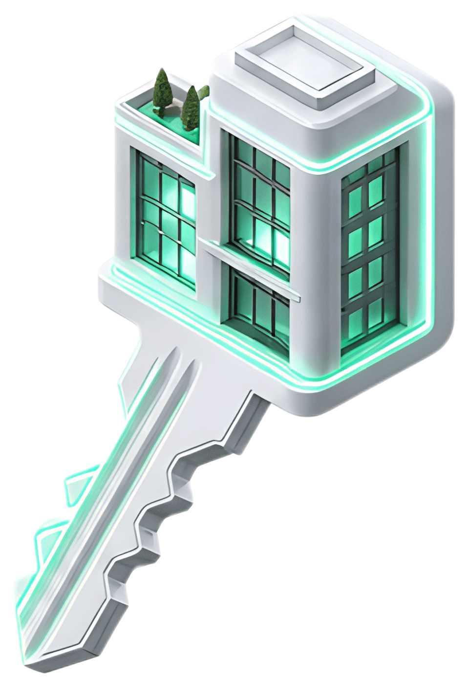 A stylized key shaped like a building, featuring a white facade with large windows and a neon green glow accentuating the edges. The key appears to be rotating in mid-air, complete with small trees on