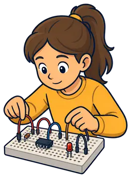 A cheerful girl is focused on inserting wires into a breadboard, featuring various electronic components like resistors and LEDs. She wears a bright yellow sweater, and the colors are vibrant and cart