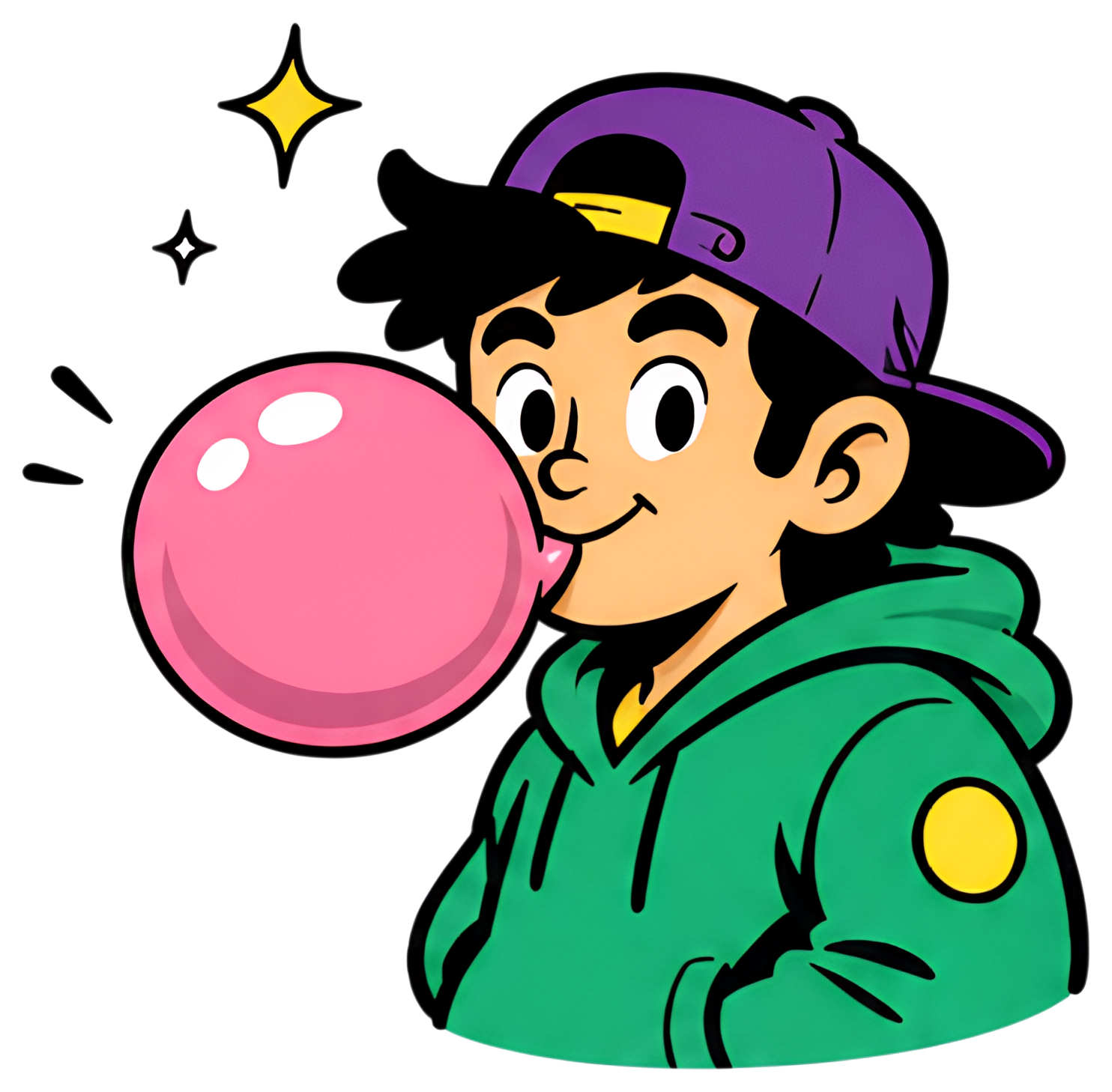 A cheerful cartoon character with a purple cap and green hoodie smiles while blowing a large pink bubblegum bubble. The scene features playful sparkles around the bubble, enhancing the joyful theme.