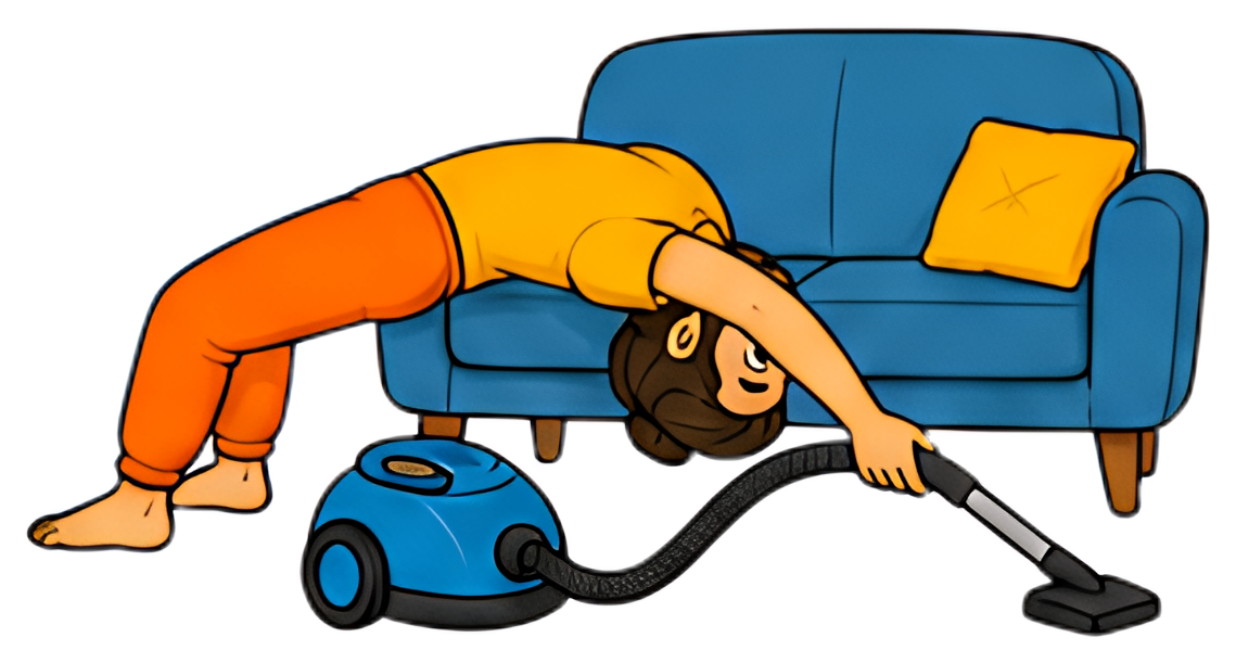 A yoga teacher performs a bridge pose while using a vacuum cleaner to clean under a blue couch. The character wears an orange outfit with a yellow shirt, showcasing a playful and colorful style.