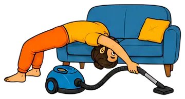 A yoga teacher performs a bridge pose while using a vacuum cleaner to clean under a blue couch. The character wears an orange outfit with a yellow shirt, showcasing a playful and colorful style.