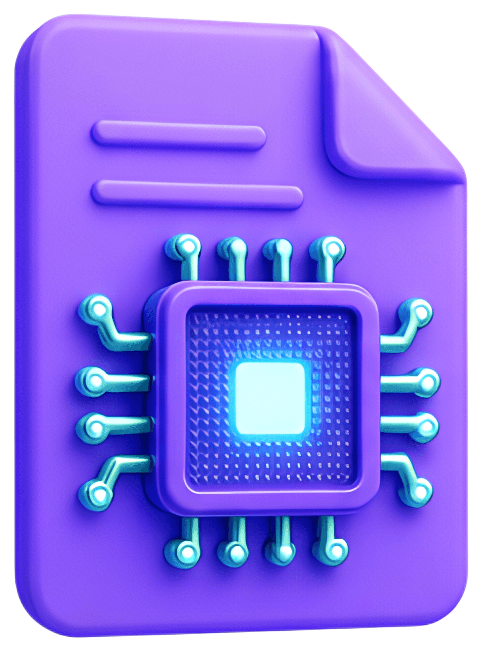 A stylized 3D icon featuring a purple document with an embedded AI chip, surrounded by teal circuits. The document has a smooth finish and includes lines at the top, emphasizing its document-like form