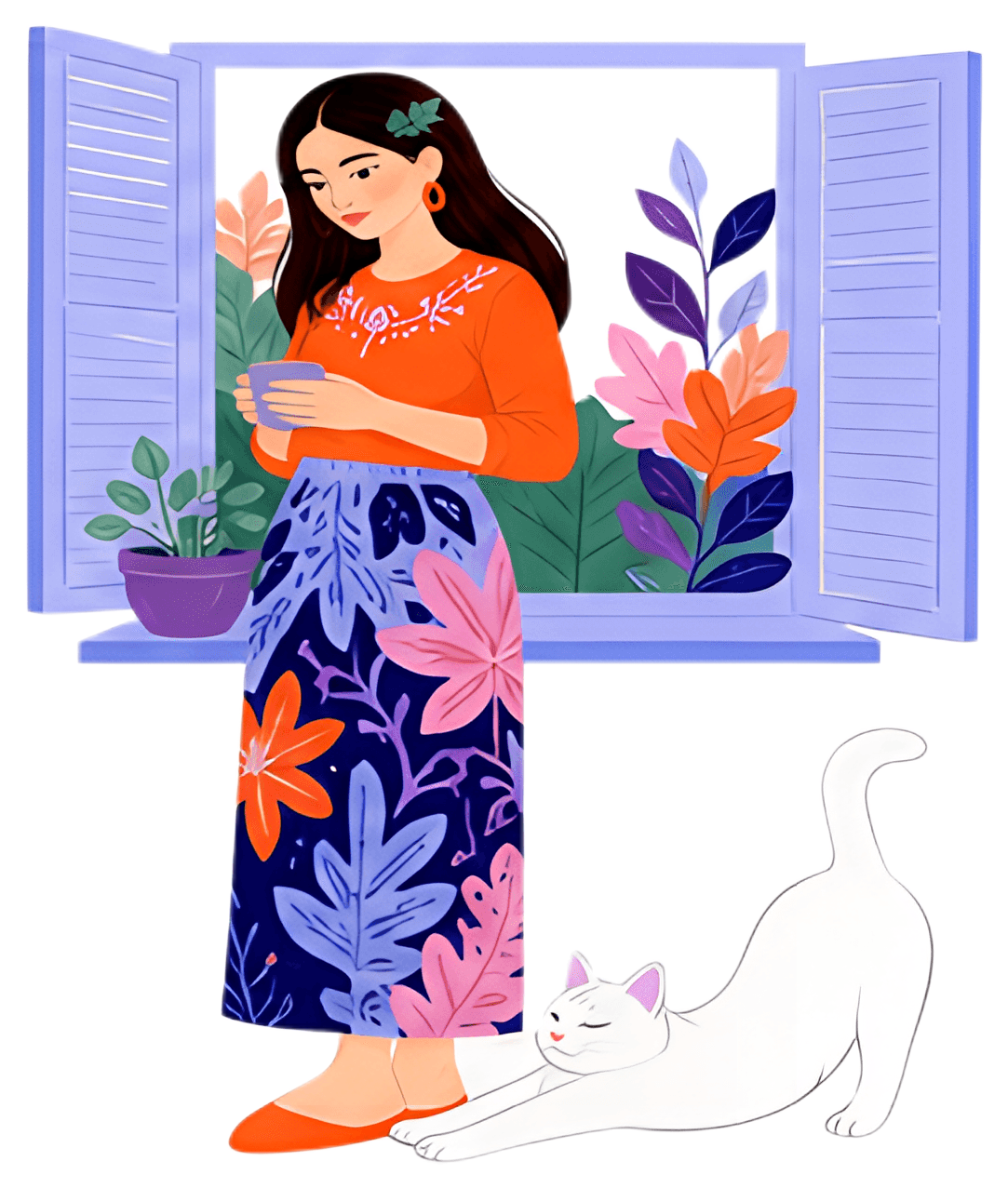 A girl stands beside a window holding a cup, adorned in an orange top and a flowy skirt with floral patterns. At her feet, a white cat stretches, while vibrant leaves frame the scene both outside and,