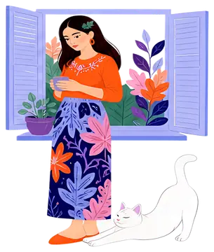 Girl by the Window with Stretching Cat