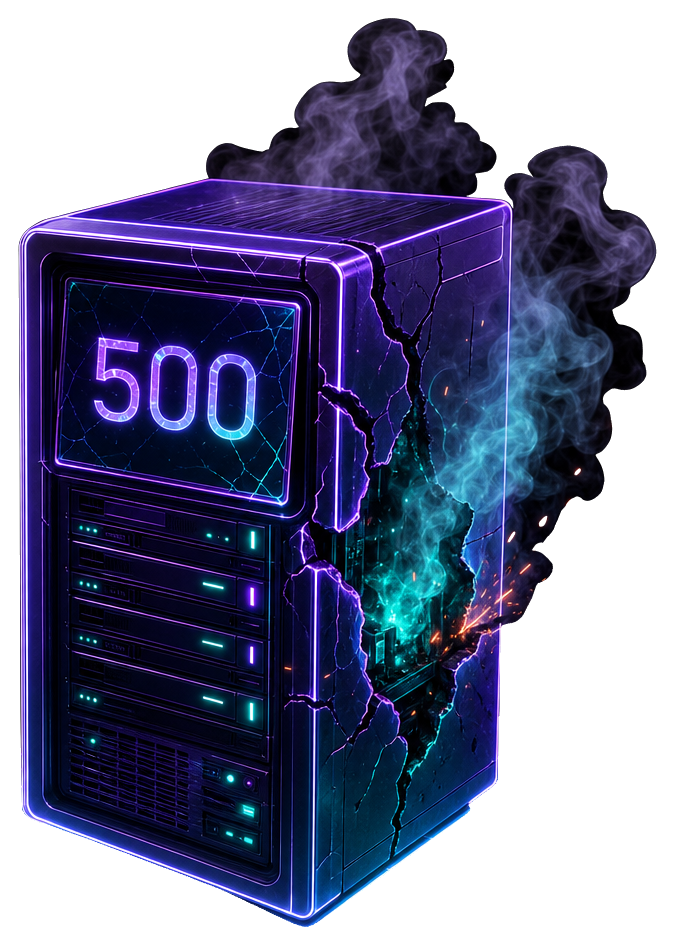 A futuristic, cracked server exhibiting smoke and sparks, with the error code '500' displayed on its screen. The server is adorned with glowing neon elements in shades of purple and teal, adding a sci