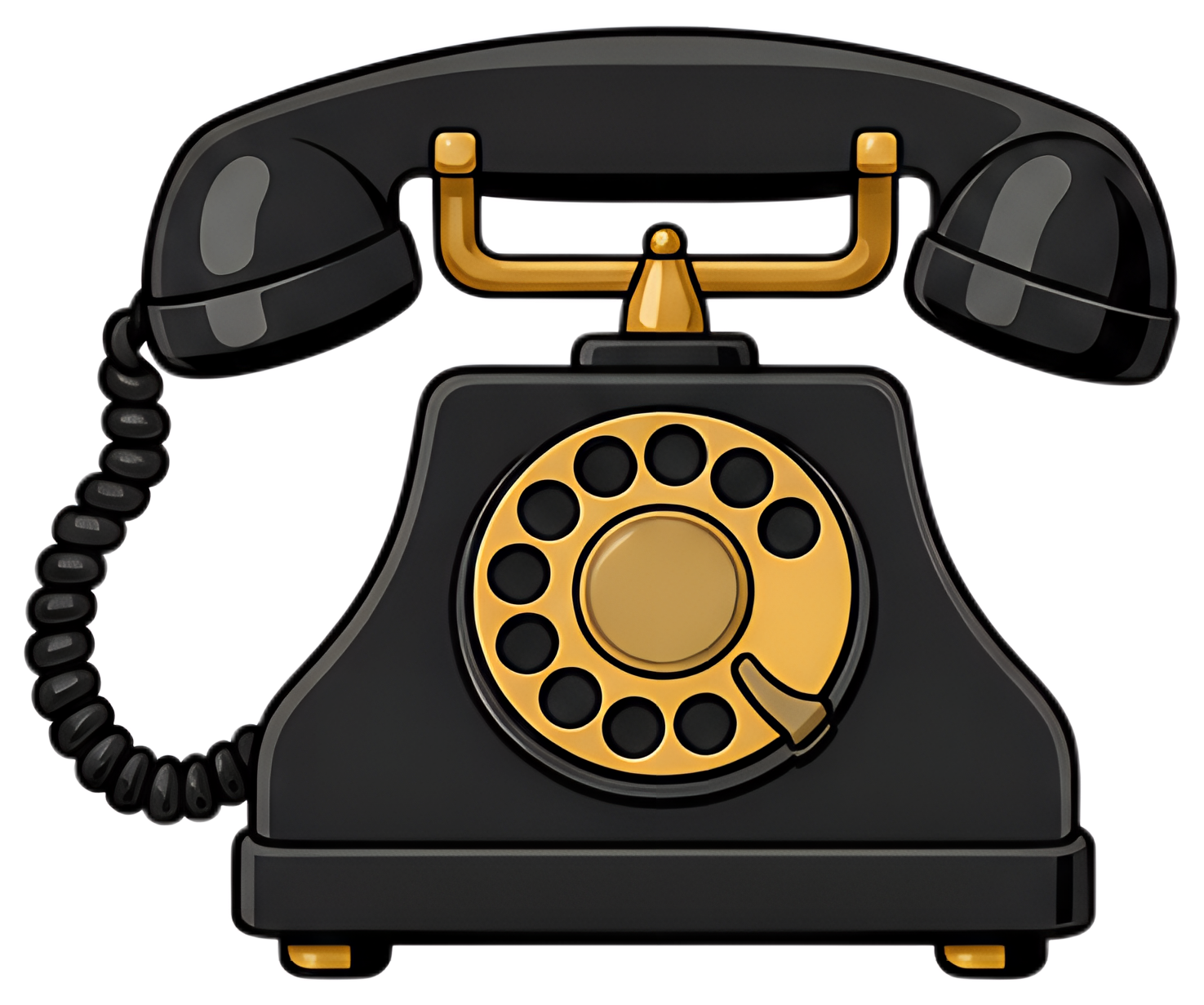 A detailed illustration of a vintage black rotary phone featuring a shiny metal dial and receiver with a curly cord. The rotary dial consists of multiple holes around a central circular area, adding a