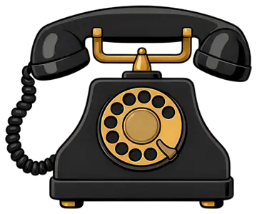 A detailed illustration of a vintage black rotary phone featuring a shiny metal dial and receiver with a curly cord. The rotary dial consists of multiple holes around a central circular area, adding a