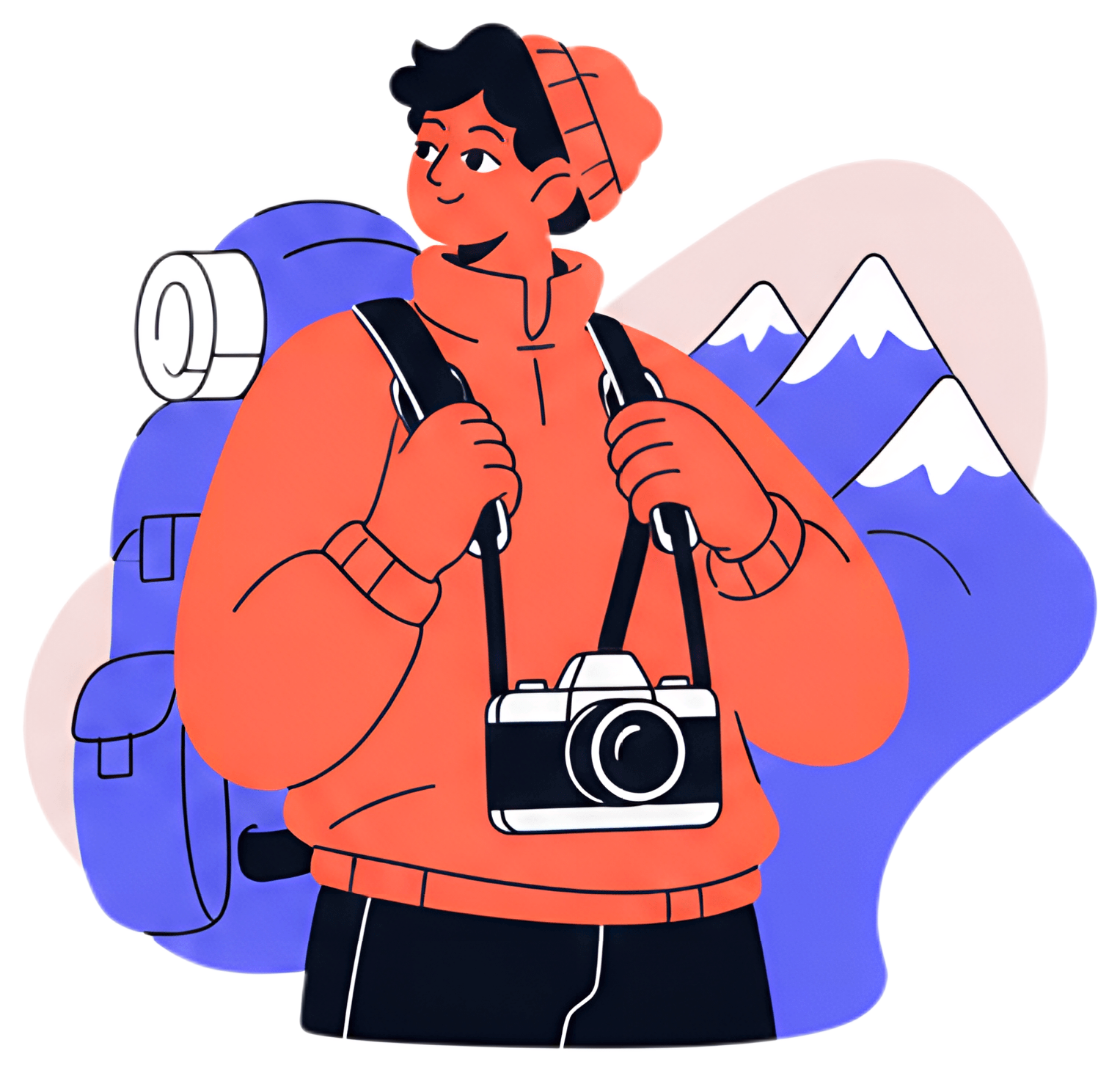 A backpacker in an orange hoodie and beanie is adjusting a camera strap while holding a camera. A large blue backpack rests on their back, and a stylized mountain range with white peaks is visible in