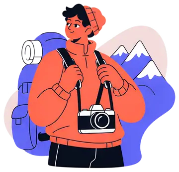 A backpacker in an orange hoodie and beanie is adjusting a camera strap while holding a camera. A large blue backpack rests on their back, and a stylized mountain range with white peaks is visible in 