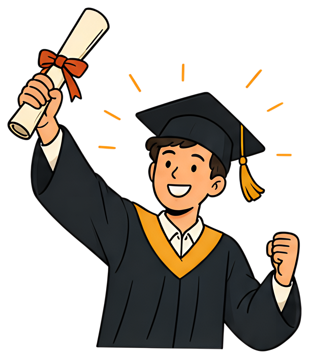 A cheerful graduate wearing a black cap and gown raises a diploma with a red ribbon in one hand while smiling broadly. The background features radiant lines, emphasizing the celebration of graduation.