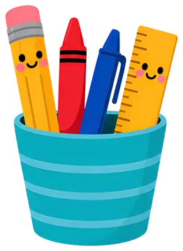 A cheerful scene featuring a turquoise pot filled with an assortment of colorful stationery items, including a yellow ruler, red crayon, blue pen, and yellow pencil, all with happy facial expressions.