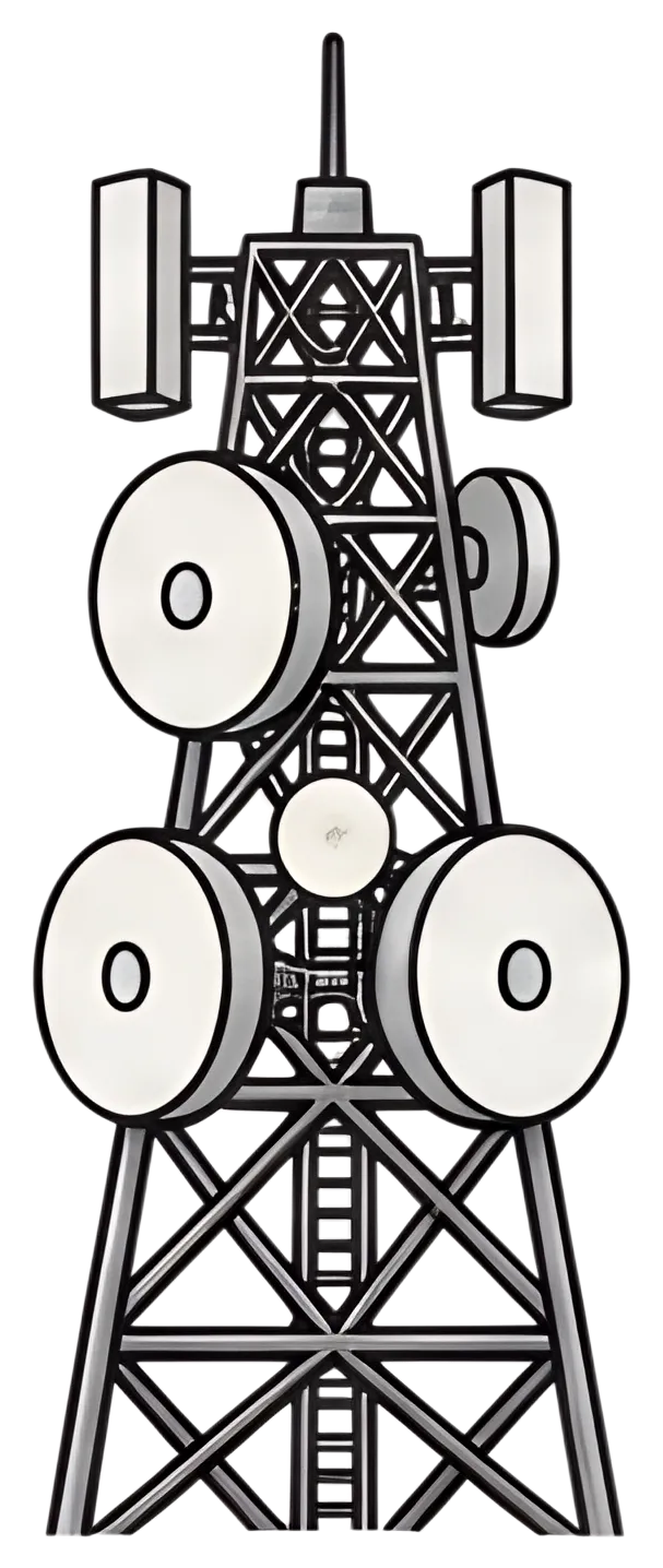 A tall radio tower featuring multiple circular transmitters mounted at various heights. The structure is outlined in black with details highlighted in white and light grey, against a plain background.