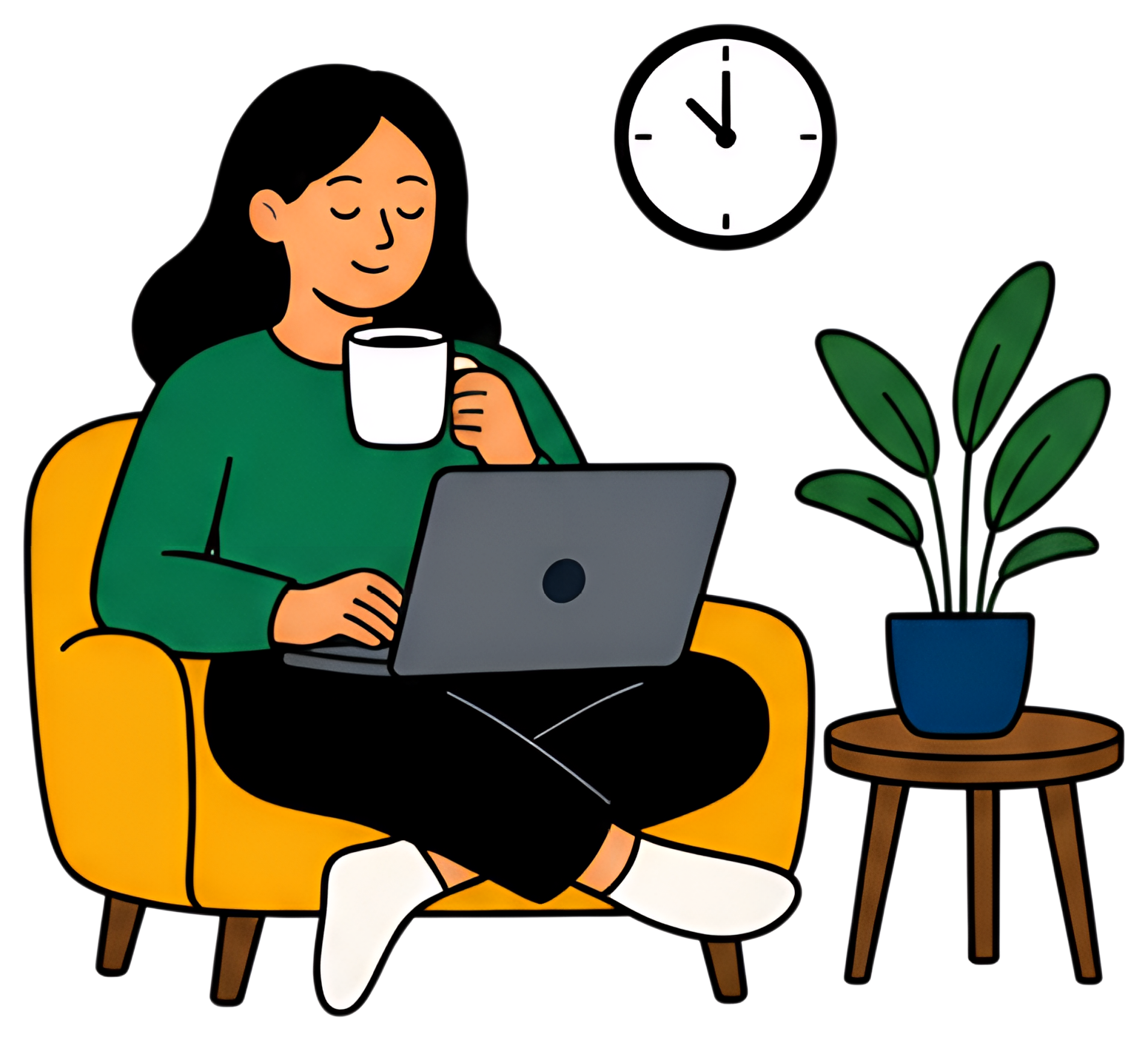 A woman sits comfortably in a bright yellow armchair, sipping from a white mug while working on her laptop. A green plant and a clock are visible nearby, creating a cozy atmosphere that reflects work–
