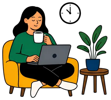 A woman sits comfortably in a bright yellow armchair, sipping from a white mug while working on her laptop. A green plant and a clock are visible nearby, creating a cozy atmosphere that reflects work–