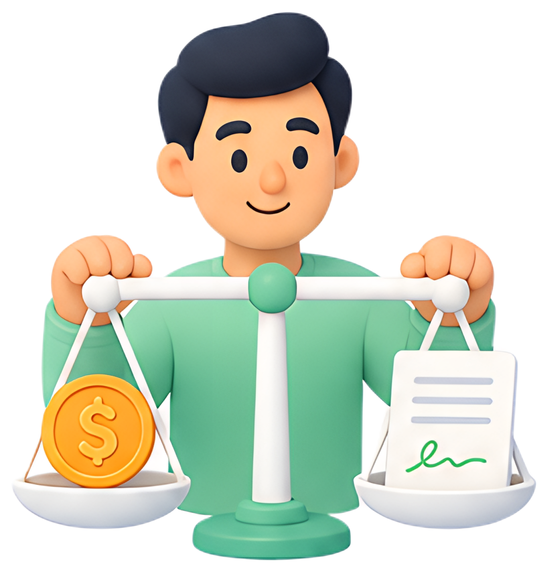 A cheerful character balances a set of scales, one side holding an orange coin with a dollar sign, while the other features a white piece of paper with a green signature. The character is wearing a绿色上