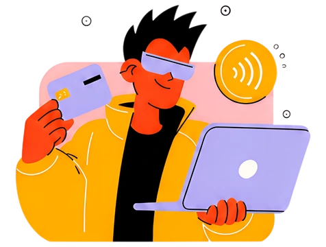 Confident character with laptop and credit card