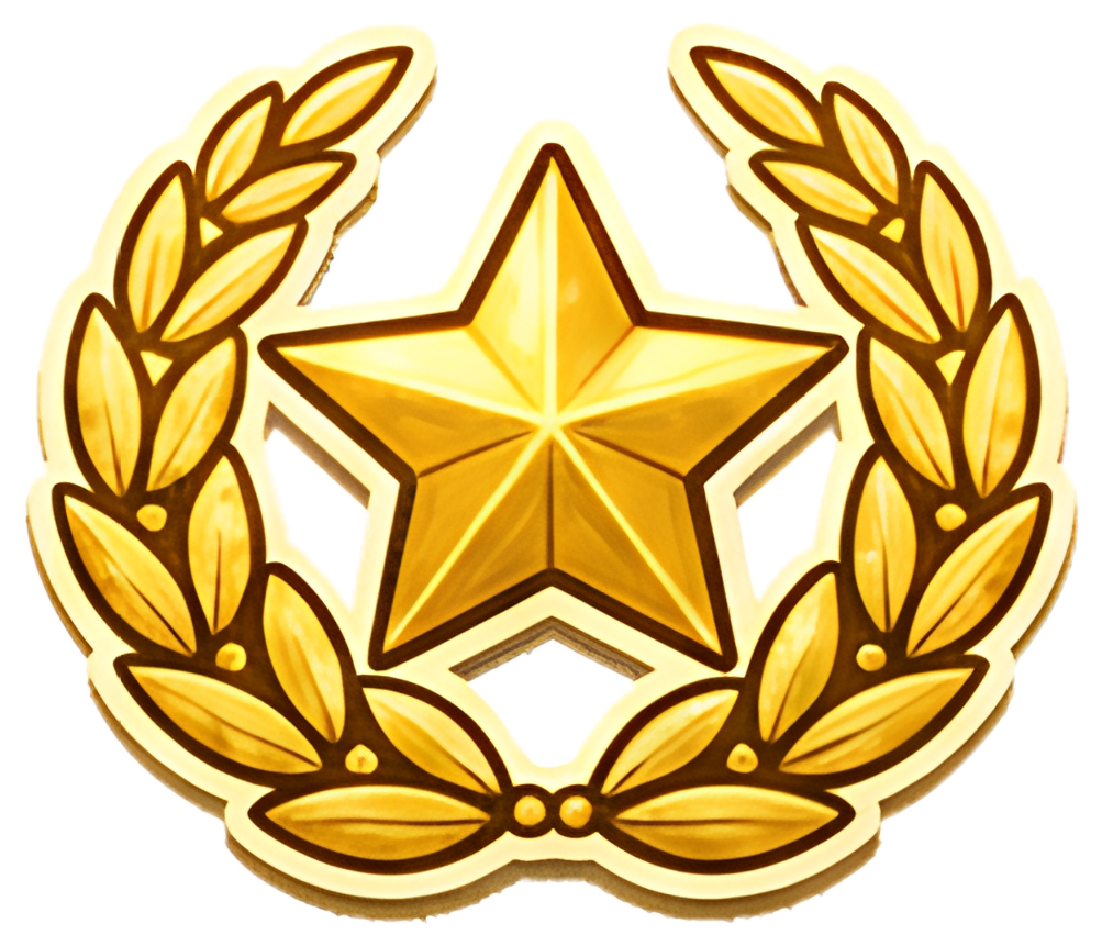A prominent gold star is encircled by a laurel wreath, symbolizing achievement. The star has a shiny finish, set against a light background, creating a striking icon that represents success and honor.