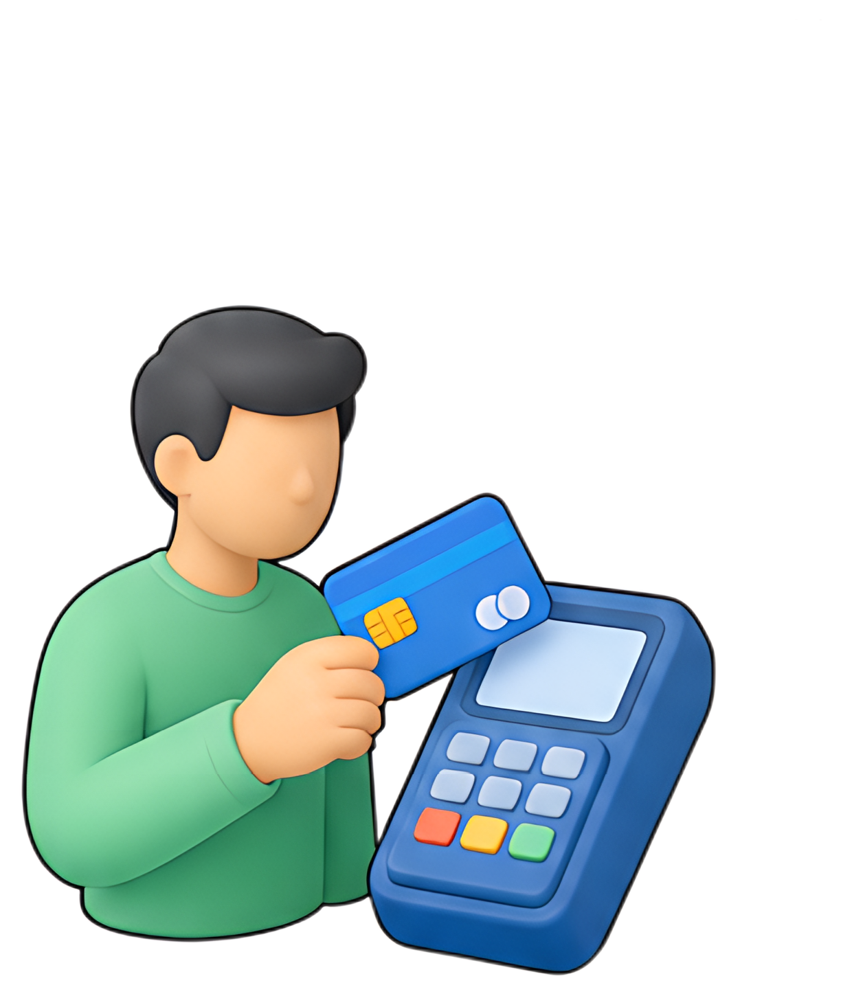 A person in a green shirt holds a blue credit card in front of a payment terminal. The terminal features colored buttons and a clear display, set against a plain background. The illustration is styliz