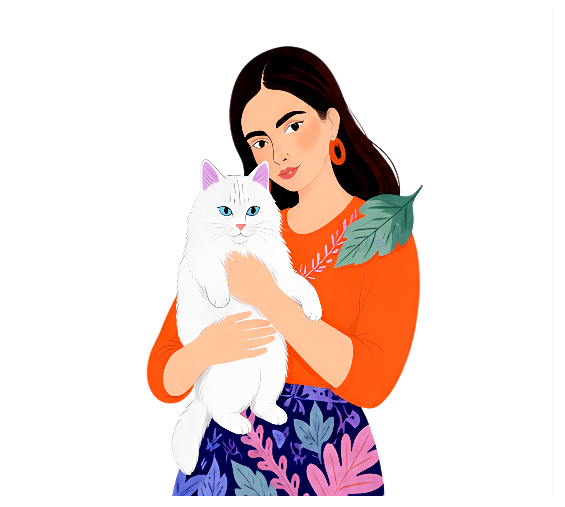 A girl with long brunette hair wears a vibrant orange top and floral-patterned skirt while gently holding a fluffy white cat. A single green leaf rests on her shoulder, enhancing the cozy and warm yet