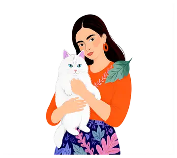 Girl Holding Fluffy Cat with Leaf