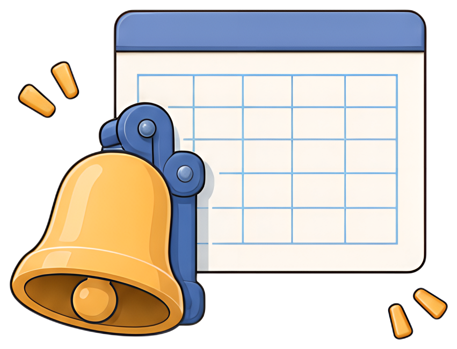 A cheerful yellow bell is prominently featured next to a school calendar with a blue header. The calendar is filled with a grid pattern, suggesting organization and structure, while the surrounding ex
