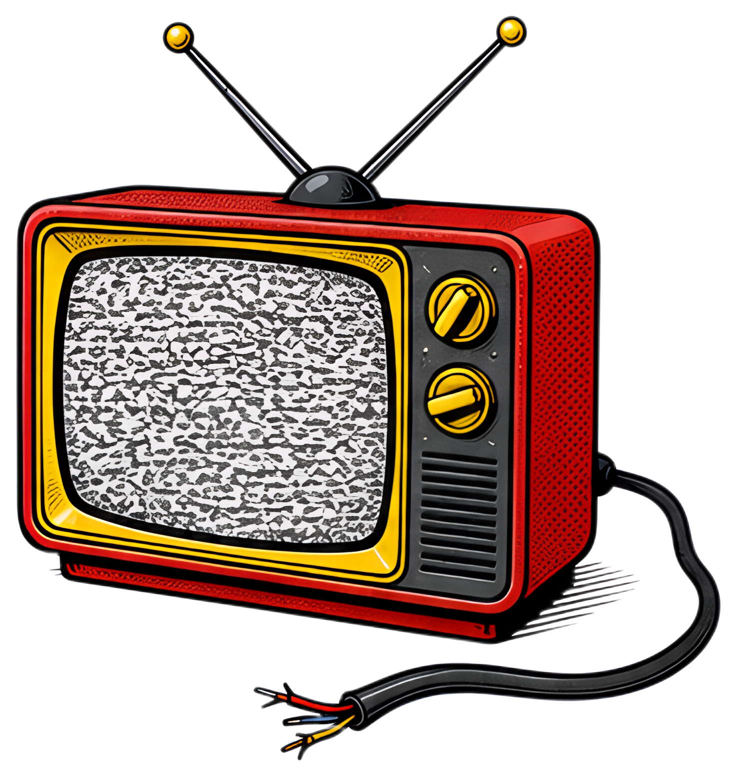 A vintage red television set with rabbit ear antennas displays static on its screen. The device includes yellow knobs and has a frayed black cable with exposed wires.