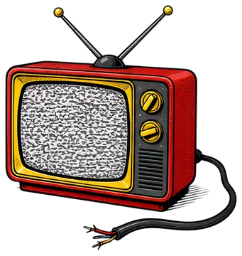 A vintage red television set with rabbit ear antennas displays static on its screen. The device includes yellow knobs and has a frayed black cable with exposed wires.