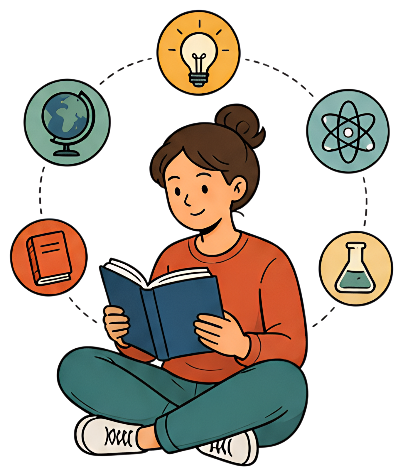 A young person sits cross-legged, reading a book with a focused expression. Surrounding them are floating icons representing knowledge: a globe, light bulb, atom, book, and laboratory flask, each in a
